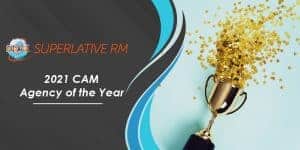 Golden bright sparkles background. Paper white bubble for text. Text reads: 2021 CAM Agency of the Year.